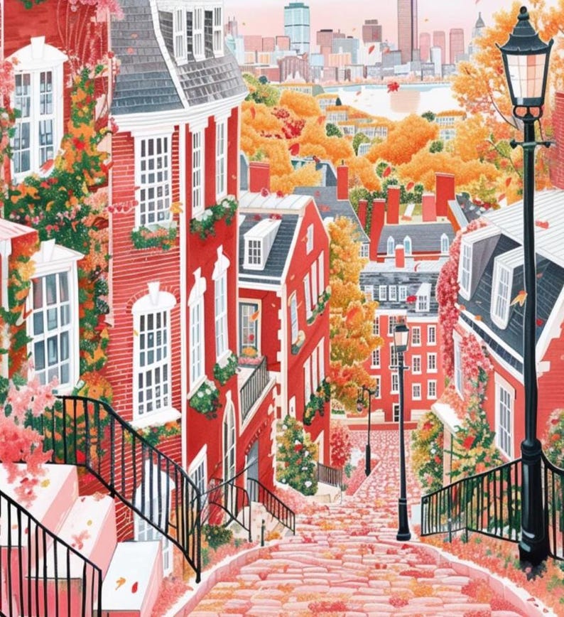 May include: An illustrated cityscape featuring red brick buildings with white window frames and black railings. The buildings are adorned with climbing plants and flowers. A cobblestone street leads down towards a distant city skyline.
