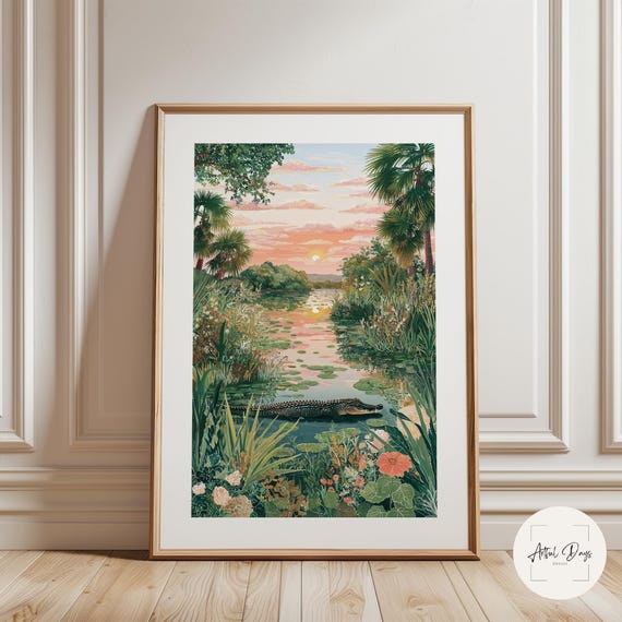 Everglades National Park Poster, Florida Wetland Wall Art, Alligator Landscape Print, Tropical Nature Decor, Sunset River Illustration