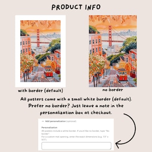 Puede incluir: Dos impresiones art&iacute;sticas que muestran una escena callejera de San Francisco con un tranv&iacute;a rojo, el Golden Gate Bridge y edificios. El texto dice "PRODUCT INFO" y detalla sobre bordes y opciones de personalizaci&oacute;n.