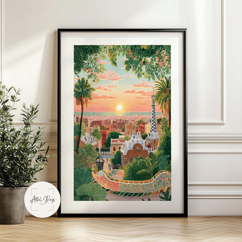 Pode incluir: Impress&atilde;o art&iacute;stica emoldurada de uma vibrante paisagem urbana ao p&ocirc;r do sol. A obra de arte retrata um parque com edif&iacute;cios coloridos, palmeiras e um banco de mosaicos. O c&eacute;u &eacute; preenchido com tons de rosa e laranja, e o sol est&aacute; se pondo no horizonte. A impress&atilde;o &eacute; emoldurada em uma moldura preta.