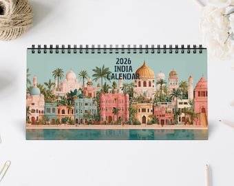 2026 India Travel Calendar - Illustrated Desk Calendar with Landmarks & Landscapes - Whimsical India Art Print - Cultural Gift Idea