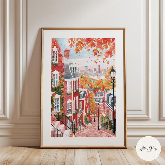 Boston in Fall Poster,  Storybook Style Wall Art of Boston Common & Beacon Hill in Autumn, Gouache Illustration, New England Poster