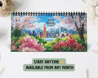 Travel Desk Calendar 2026/2027, Monthly Planner, Illustrated World Cities, Wanderlust Gift for Travelers, Holiday Organizer, Gift Idea