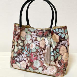 Upcycled tote bag, kimono obi handmade handbag with tassel