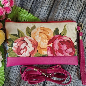 Cartera tipo bandolera para mujer, cartera grande con estampado floral bohemio y rosa fucsia, cartera de mano de piel vegana, cartera tipo bandolera para iPhone