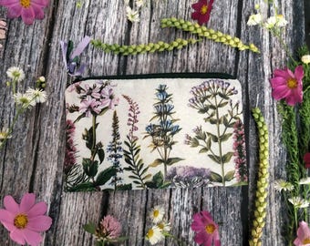 Pochette da giardino con erbe aromatiche, Pochette per il trucco con fiori di campo, Pochette per accessori con fiori di campo, Piccola borsa a tema natura, Pochette per il trucco autunnale, Pochette verde botanico