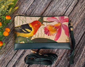 Borsa a tracolla Robin, borsa da polso, borsa a tracolla per cellulare, portafoglio da polso, pochette, borsa a tracolla vegana, amante degli uccelli, borsa per uccelli, borsa per orchidee, amanti delle orchidee