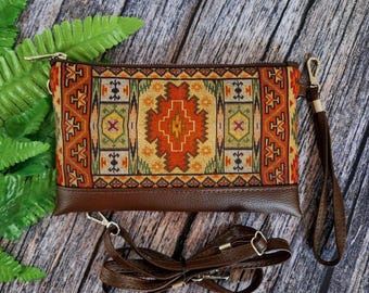 Gobeläng Axelremsväska Liten Festival Axelremsväska Turkisk Mattväska iPhone Armbandsplånbok Turkisk Kelim Etnisk Mattväska