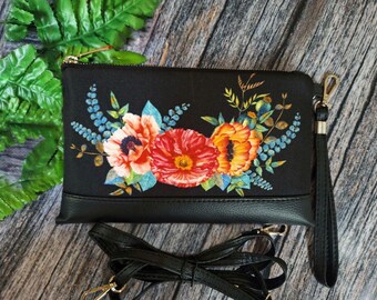 Piccola borsa a tracolla Poppies in carta fucile, portafoglio da polso per telefono, borsa a tracolla floreale nera Poppy Midnight, pochette estiva Poppy