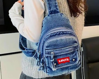 Unisex Levis Upcycle Denim Crossbody Sling Bag With Multiple Pockets, Denim Fanny Pack Crossbody Bag, Adjustable Sling Bag Large Waist Pack
