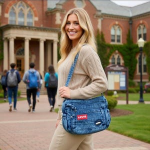 May include: A blue denim crossbody bag with a red Levi's brand patch on the front, featuring multiple zipped compartments, a long adjustable shoulder strap, and a textured, washed-out fabric finish with silver-toned hardware accents.