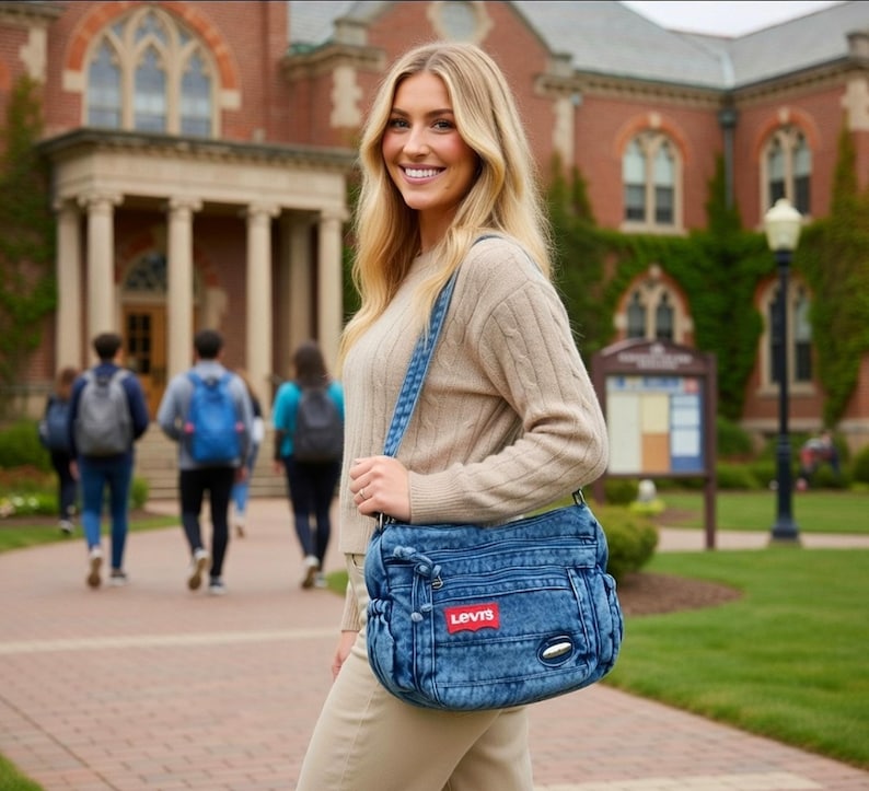 May include: A blue denim crossbody bag with a red Levi's brand patch on the front, featuring multiple zipped compartments, a long adjustable shoulder strap, and a textured, washed-out fabric finish with silver-toned hardware accents.