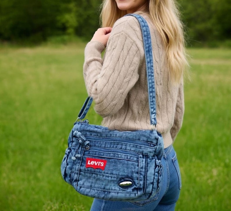 Upcycled Levis Vintage Denim Crossbody Bag, Recycled Jeans Shoulder Purse, College Bag image 1