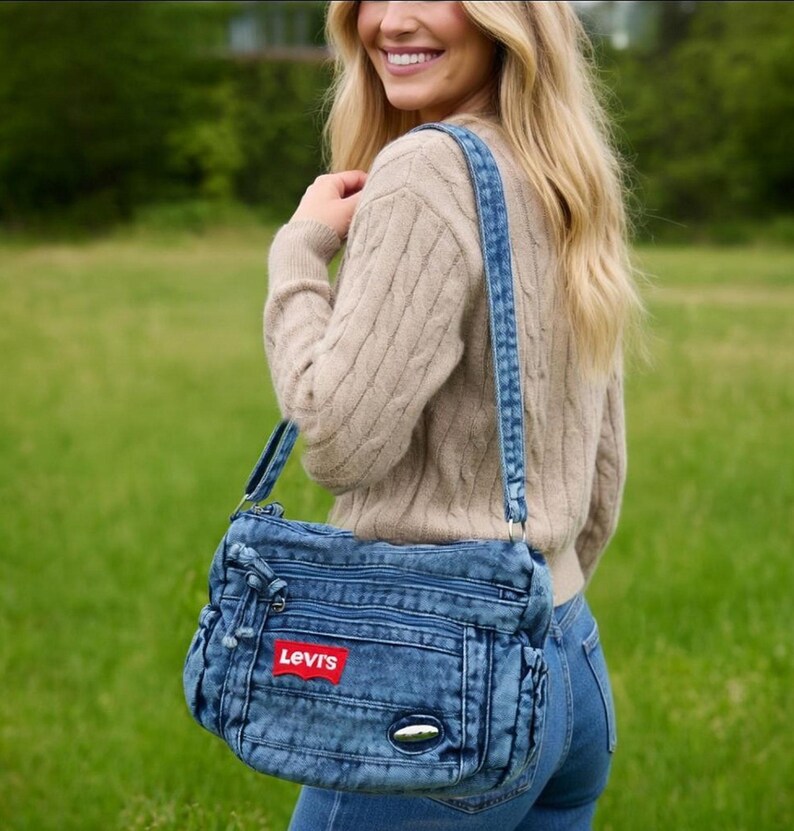 Upcycled Levis Vintage Denim Crossbody Bag, Recycled Jeans Shoulder Purse, College Bag image 2