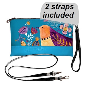 Wristlet With Crossbody Strap, Hummingbird Rifle Paper Crossbody Purse Bird Bag, Folk Design Bag, Blue Boho Floral Iphone Crossbody Bag