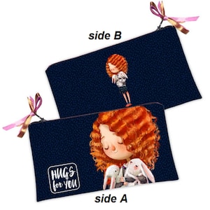 Borsa per il trucco a forma di coniglietto, borsa per cosmetici con fiocco, piccola borsa da viaggio carina, borsa per il trucco divertente, astuccio con cerniera in carta a zigzag, astuccio con cerniera in tessuto a forma di coniglietto coccoloso