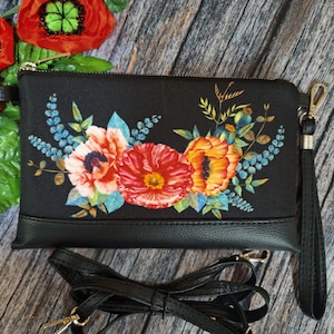 Bolso bandolera con correa de muñeca, bolso bandolera con correa larga, bolso Rifle Paper Co, bolsos bandolera con flores para mujer, bolso con flores de amapola, bolso bandolera con amapolas