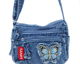 Borsa a tracolla in denim vintage Levi's riciclato, borsa a spalla in jeans riciclati, borsa per l'università