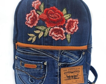 Floral Levis Upcycled Denim Backpack: Levis Recycled Jean Rucksack With Hand Embroidery, Denim Book Bag, Denim College Bag