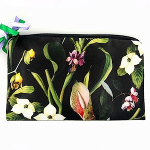 Midnight Amalfi Herb Garden Makeup Bag, Black Floral  Makeup Bag, Wildflowers Accessory Pouch, Floral Pencil Case, Zippered Pouch Women