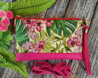 Borsa a tracolla tropicale con orchidee, ibisco, floreale, portafoglio da polso per telefono, borsa a tracolla hawaiana, floreale tropicale, borsa per telefono tropicale