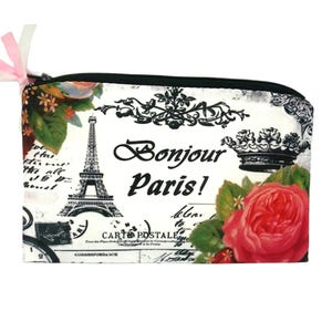 Bolsa Torre Eiffel, Bolsa de maquiagem Torre Eiffel, Bolsa de cosméticos Paris, Bolsa Paris França, Bolsa de maquiagem vintage, Cartão postal vintage de rosas, Bolsa Paris