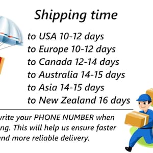 May include: A graphic illustration featuring a brown cardboard box suspended by a white and blue parachute, alongside text detailing shipping times to various regions and a request for a phone number, with a delivery worker carrying boxes.