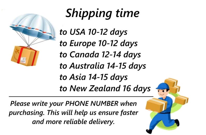 May include: A graphic illustration featuring a brown cardboard box suspended by a white and blue parachute, alongside text detailing shipping times to various regions and a request for a phone number, with a delivery worker carrying boxes.