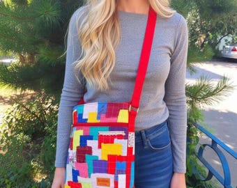 Borsa a tracolla patchwork in denim riciclato Borsa a tracolla in denim riciclato Borsa per libri in denim boho riciclato Borsa per college in denim Borsa a tracolla in denim