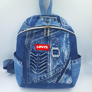 Upcycled Levis Jeans Backpack Purse: Patchwork Blue Jean Rucksack, Levi Jean Bookbag, Levi Jean Purse, Levis Backpack, Blue Denim Backpack
