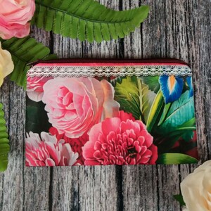 Peony Cosmetic Bag, Vintage Peonies Cosmetic Bag, Rose Floral Make up Bag, Toile Fabric Pouch, Floral Accessory Pouch,  Shabby Chic Pouch