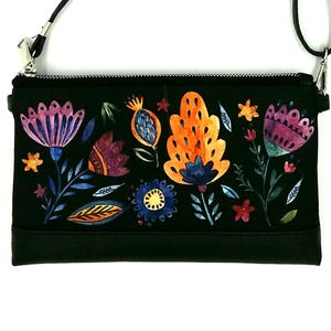 Folk Design Bag Small Crossbody Bag Midnight Herb Garden Black Floral Bag Cross Body Zipper Purse Wildflowers Lightweight Crossbody Purse