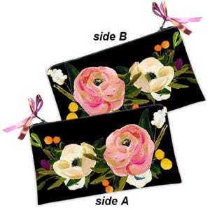 White Pink Roses Cosmetic Bag, Black Floral Bag, Shabby Chic Rose Makeup Bag, Roses Vintage Pouch, Roses Pencil Bag, Peony Makeup Bag, Boho