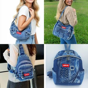 K&ouml;nnte beinhalten: Eine Kollektion von Denim-Taschen, darunter eine Umh&auml;ngetasche, ein Rucksack und eine Sling-Bag. Jede Tasche hat das Levi's-Logo in Rot. Die Taschen sind aus blauem Denim mit verschiedenen Taschen und Rei&szlig;verschl&uuml;ssen.