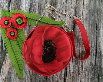 Borsa a tracolla con papavero Borsa a tracolla floreale con cerniera Borsa in tessuto floreale Borsa a mano con papavero Borsa rotonda rossa Borsa a mano circolare in pelle Borsa con papavero