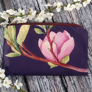 Magnolia Blossom Cosmetic Bag, Black Floral Pouch, Floral Accessory Pouch, Fabric Zippered Bags, Zipper Pouch Makeup Bag, Boho Floral Pouch