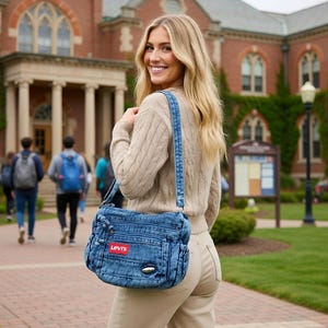 May include: A blue acid-wash denim crossbody bag featuring a rectangular red Levi's brand patch on the front pocket, multiple zippered compartments, a matching denim shoulder strap, and a small metallic accent detail on the lower front section.