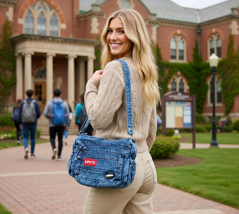 May include: A blue acid-wash denim crossbody bag featuring a rectangular red Levi's brand patch on the front pocket, multiple zippered compartments, a matching denim shoulder strap, and a small metallic accent detail on the lower front section.