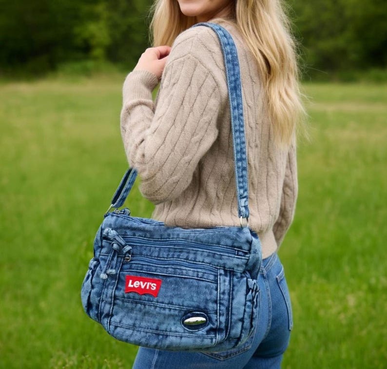 Upcycled Levis Vintage Denim Crossbody Bag, Recycled Jeans Shoulder Purse, College Bag image 18