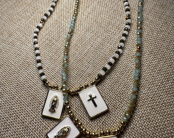 Beaded Crystal Scapular Necklace with Guadalupe Virgin and Cross