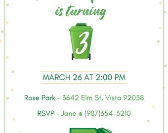 May include: Green and yellow garbage truck birthday invitation with a green trash can with the number 3 on it. The invitation says "Join us in celebration Christopher is turning 3" and includes the date and time of the party, the location, and RSVP information.