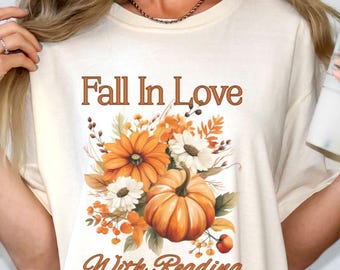 Camiseta de professor de outono com cores confortáveis, camiseta de volta às aulas, camiseta de professor de leitura, camiseta de Halloween para professor de leitura, camisetas fofas coloridas de outono