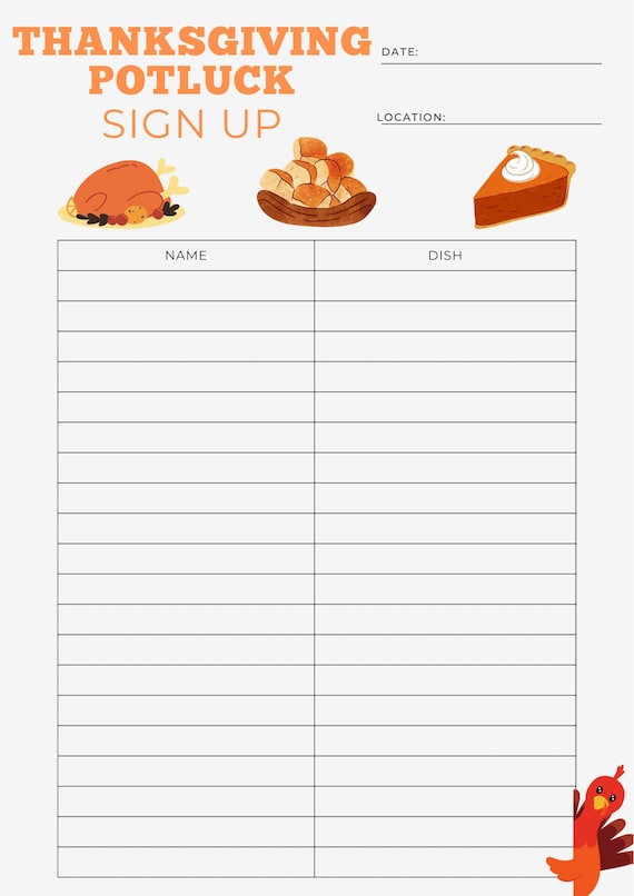 THANKSGIVING POTLUCK sign up sheet| potluck printable| fall potluck list| thanksgiving dinner| thanksgiving food list| thanksgiving potluck