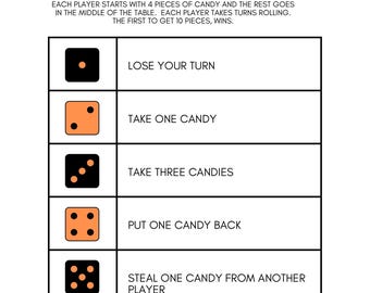 Könnte beinhalten: Ein Spielbrett zum Thema Halloween mit einem Geist und Fledermäusen. Das Brett hat sechs Würfel mit unterschiedlichen Punktzahlen und entsprechenden Anweisungen. Die Anweisungen beinhalten "Verliere deinen Zug", "Nimm ein Bonbon", "Nimm drei Bonbons", "Lege ein Bonbon zurück", "Stiehl ein Bonbon von einem anderen Spieler" und "Würfele erneut".