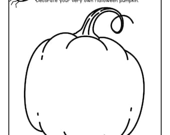 Könnte beinhalten: Schwarz-weiß druckbare Malvorlage mit einem Kürbis mit Stiel und einer darüber hängenden Spinne. Der Text "DECORATE A PUMPKIN" und "Decorate your very own Halloween pumpkin." befindet sich oben auf der Seite. Der Text "NAME:" befindet sich unten auf der Seite.