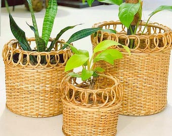 Rattan plant holder | Rattan Woven Flower Pot | Boho Wicker Basket | Round Wicker Planter | Indoor Planter for Living Room,Balcony or Office
