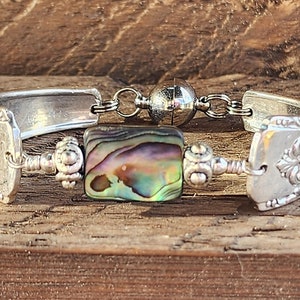Spoon Bracelet Stunning Silverware Bracelet with Genuine Abalone-Size Small 6 1/4 image 5