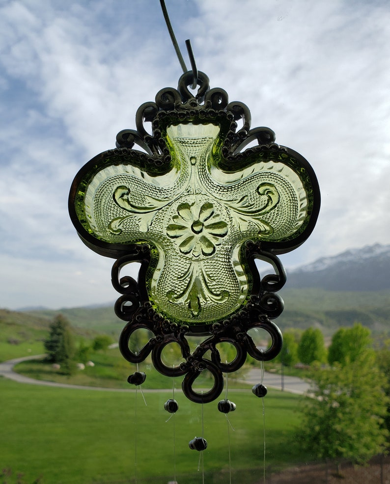 Green Shamrock Vintage dish Upcycled into a Windchime image 10