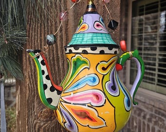 Amazing Geometrics Hand Painted Folk Art Teapot Chime