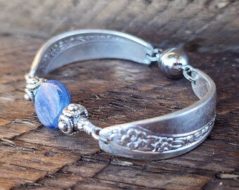 Spoon Bracelet - Stunning Silverware Bracelet with Genuine Kyanite -Size Small (6")